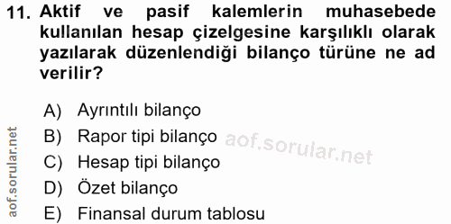 11. soru: Aktif ve pasif kalemlerin muhasebede kullanılan hesap çizelgesine karşılıklı olarak yazılarak düzenlendiği bilanço tü…