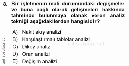 8. soru: Bir işletmenin mali durumundaki değişmeler ve buna bağlı olarak gelişmeleri hakkında tahminde bulunmaya olanak veren…