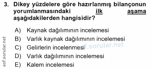 3. soru: Dikey yüzdelere göre hazırlanmış bilançonun yorumlanmasındaki ilk aşama aşağıdakilerden hangisidir? A) Kaynak dağılım…