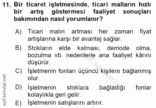 11. soru: Bir ticaret işletmesinde, ticari malların hızlı bir artış göstermesi faaliyet sonuçları bakımından nasıl yorumlanır?…