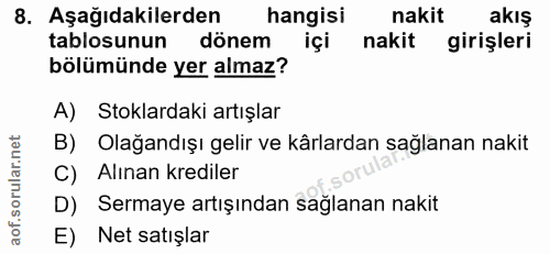 8. soru: Aşağıdakilerden hangisi nakit akış tablosunun dönem içi nakit girişleri bölümünde yer almaz? A) Stoklardaki artışlar…