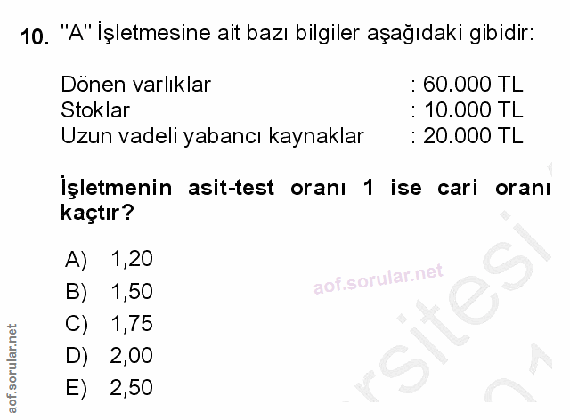 10. soru: "A" İşletmesine ait bazı bilgiler aşağıdaki gibidir: Dönen varlıklar :60.000 TL Stoklar : 10.000 TL Uzun vadeli yaban…