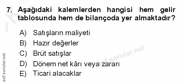 7. soru: Aşağıdaki kalemlerden hangisi hem gelir tablosunda hem de bilançoda yer almaktadır? A) Satışların maliyeti B) Hazır d…