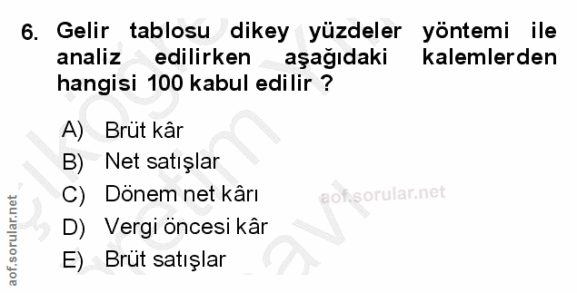 6. soru: Gelir tablosu dikey yüzdeler yöntemi ile analiz edilirken aşağıdaki m kalemlerden hangisi 100 kabul edilir ? A) Brüt…