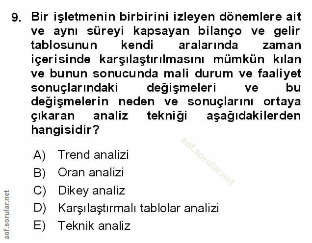 9. soru: Bir işletmenin birbirini izleyen dönemlere ait ve aynı süreyi kapsayan bilanço ve gelir tablosunun kendi aralarında z…
