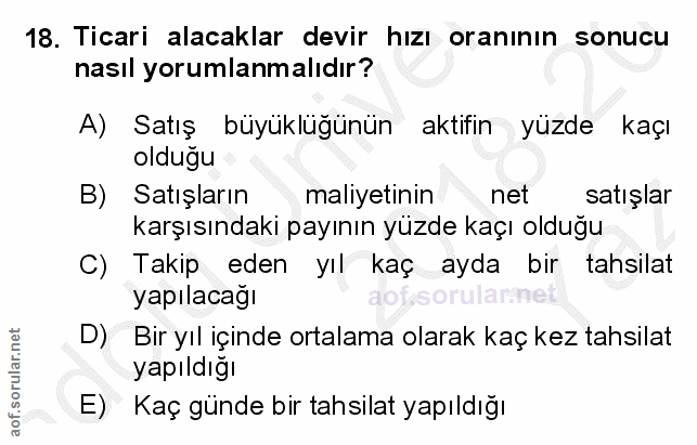 18. soru: Ticari alacaklar devir hızı oranının sonucu nasıl yorumlanmalıdır? A) Satış büyüklüğünün aktifin yüzde kaçı olduğu B)…