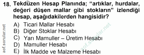 18. soru: Tekdüzen Hesap Planında; "artıklar, hurdalar, değeri düşen mallar gibi stokların" izlendiği hesap, aşağıdakilerden ha…