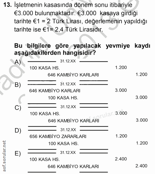 13. soru: İşletmenin kasasında dönem sonu itibariyle €3.000 bulunmaktadır. €3.000 kasaya girdiği tarihte €1 = 2 Türk Lirası, de…