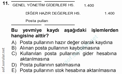 11. soru: GENEL YONETİM GIDERLERİ HS. 1.400 DİĞER HAZIR DEĞERLER HS. 1.400 Posta pulları Bu yevmiye kaydı aşağıdaki işlemlerden…