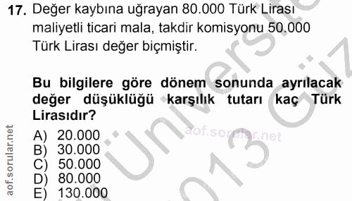 17. soru: Değer kaybına uğrayan 80.000 Türk Lirası maliyetli ticari mala, takdir komisyonu 50,000 Türk Lirası değer biçmiştir.…