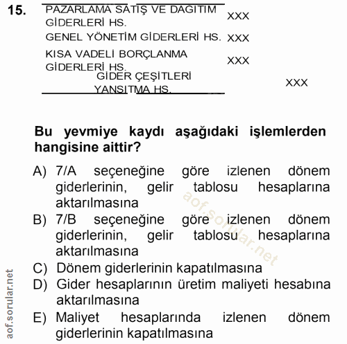 15. soru: PAZARLAMA SATIŞ VE DAGITIM xxx GIDERLERİ HS GENEL YÖNETİM GIDERLERİ HS. XXX KISA VADELI BORÇLANMA XXX GIDERLERIDER ÇE…