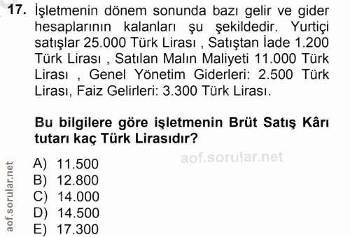 17. soru: Işletmenin dönem sonunda bazı gelir ve gider hesaplarının kalanları şu şekildedir. Yurtiçi satışlar 25.000 Türk Liras…