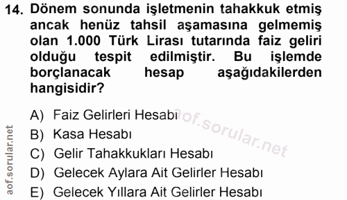 14. soru: Dönem sonunda işletmenin tahakkuk etmiş ancak henüz tahsil aşamasına gelmemiş olan 1.000 Türk Lirası tutarında faiz g…