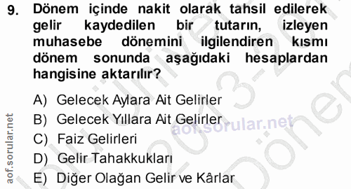 9. soru: Dönem içinde nakit olarak tahsil edilerek gelir kaydedilen bir tutarın, izleyen muhasebe dönemini ilgilendiren kısmı…
