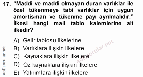 17. soru: "Maddi ve maddi olmayan duran varlıklar ile özel tükenmeye tabi varlıklar için uygun ilkesi hangi mali tablo kalemler…