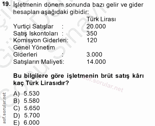 19. soru: İşletmenin dönem sonunda bazı gelir ve gider hesapları aşağıdaki gibidir: Türk Lirası Yurtiçi Satışlar : 20.000 Satış…