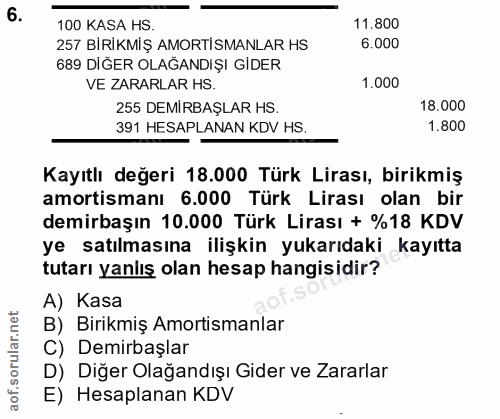 6. soru: 100 KASA HS. 11.800 257 BİRİKMİŞ AMORTİSMANLAR HS 6.000 689 DIĞER OLAĞANDIŞI GİDER VE ZARARLAR HS. 1.000 255 DEMIRBAŞ…
