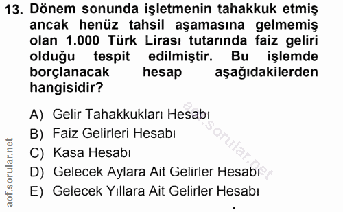 13. soru: Dönem sonunda işletmenin tahakkuk etmiş ancak henüz tahsil aşamasına gelmemiş olan 1.000 Türk Lirası tutarında faiz g…