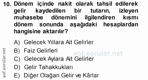 10. soru: Dönem içinde nakit olarak tahsil edilerek gelir kaydedilen bir tutarın, izleyen muhasebe dönemini ilgilendiren kısmı…