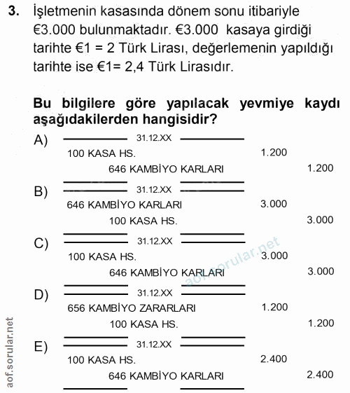 3. soru: İşletmenin kasasında dönem sonu itibariyle €3.000 bulunmaktadır. €3.000 kasaya girdiği tarihte €1 = 2 Türk Lirası, de…