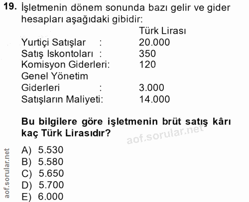 19. soru: İşletmenin dönem sonunda bazı gelir ve gider hesapları aşağıdaki gibidir: Türk Lirası Yurtiçi Satışlar 20.000 Satış I…