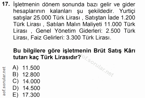 17. soru: Işletmenin dönem sonunda bazı gelir ve gider hesaplarının kalanları şu şekildedir. Yurtiçi satışlar 25.000 Türk Liras…