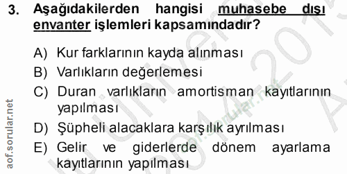 3. soru: Aşağıdakilerden hangisi muhasebe dis! envanter işlemleri kapsamındadır? A) Kur farklarının kayda alınması B) Varlıkla…