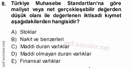 8. soru: Türkiye Muhasebe Standartları'na göre maliyet veya net gerçekleşebilir değerden düşük olanı ile değerlenen iktisadi k…