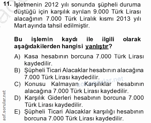 11. soru: İşletmenin 2012 yılı sonunda şüpheli duruma düştüğü için karşılık ayrılan 9.000 Türk Lirası alacağının 7.000 Türk Lir…