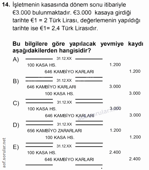 14. soru: İşletmenin kasasında dönem sonu itibariyle €3.000 bulunmaktadır. €3.000 kasaya girdiği tarihte €1 = 2 Türk Lirası, de…