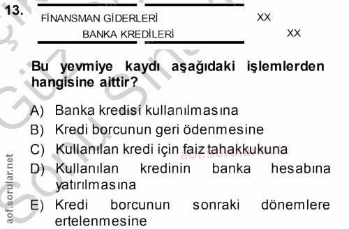 13. soru: FİNANSMAN GİDERLERİ xx BANKA KREDİLERİ xX Bu yevmiye kaydı aşağıdaki işlemlerden hangisine aittir? A) Banka kredisi k…