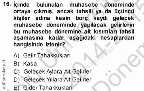 16. soru: İçinde bulunulan muhasebe döneminde ortaya çıkmış, ancak tahsili ya da üçüncü kişiler adına kesin borç kaydı gelecek…