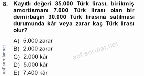 8. soru: Kayıtlı değeri 35.000 Türk lirası, birikmiş amortismanı 7.000 Türk lirası olan bir demirbaşın 30.000 Türk lirasına sa…