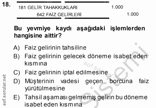 18. soru: 181 GELIR TAHAKKUKLARI 1.000 642 FAIZ GELIRLERI 1.000 Bu yevmiye kaydı aşağıdaki işlemlerden hangisine aittir? A) Fai…