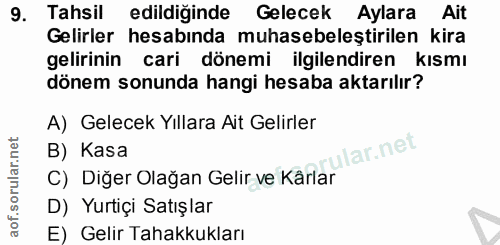 9. soru: Tahsil edildiğinde Gelecek Aylara Ait Gelirler hesabında muhasebeleştirilen kira gelirinin cari dönemi ilgilendiren k…