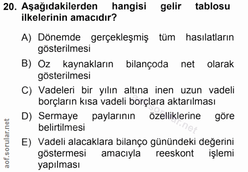 20. soru: Aşağıdakilerden hangisi gelir tablosu ilkelerinin amacıdır? A) Dönemde gerçekleşmiş tüm hasılatların gösterilmesi B)…