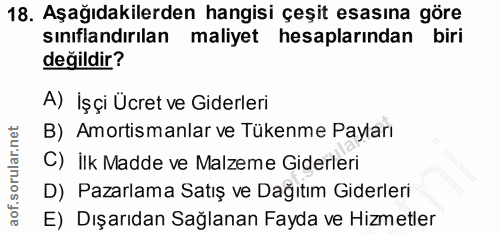 18. soru: Aşağıdakilerden hangisi çeşit esasına göre sınıflandırılan maliyet hesaplarından biri değildir? A) İşçi Ücret ve Gide…