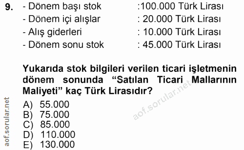 9. soru: - Dönem başı stok :100.000 Türk Lirası - Dönem içi alışlar : 20.000 Türk Lirası - Alış giderleri : 10.000 Türk Lirası…