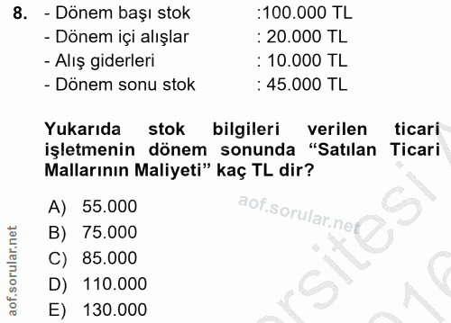 8. soru: - Dönem başı stok :100.000 TL - Dönem içi alışlar : 20.000 TL - Alış giderleri : 10.000 TL - Dönem sonu stok : 45.000…