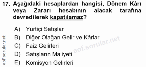 17. soru: Aşağıdaki hesaplardan hangisi, Dönem Kârı veya Zararı hesabının alacak tarafina devredilerek kapatılamaz? A) Yurtiçi…