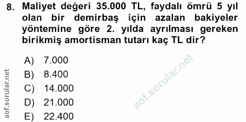 8. soru: Maliyet değeri 35.000 TL, faydalı ömrü 5 yıl olan bir demirbaş için azalan bakiyeler yöntemine göre 2. yılda ayrılmas…