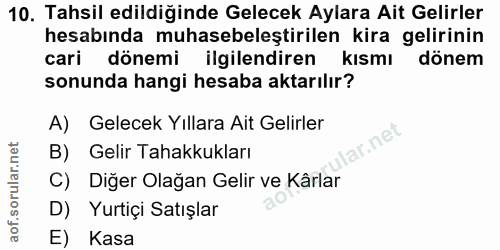 10. soru: Tahsil edildiğinde Gelecek Aylara Ait Gelirler hesabında muhasebeleştirilen kira gelirinin cari dönemi ilgilendiren k…