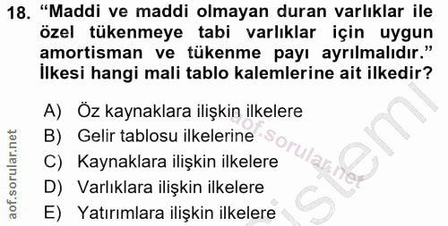 18. soru: "Maddi ve maddi olmayan duran varlıklar ile özel tükenmeye tabi varlıklar için uygun amortisman ve tükenme payı ayrıl…