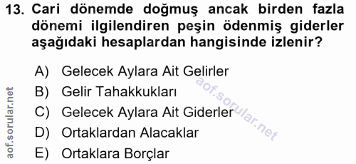 13. soru: Cari dönemde doğmuş ancak birden fazla dönemi ilgilendiren peşin ödenmiş giderler aşağıdaki hesaplardan hangisinde iz…