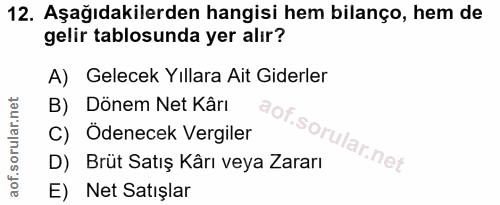 12. soru: Aşağıdakilerden hangisi hem bilanço, hem de gelir tablosunda yer alır? A) Gelecek Yıllara Ait Giderler B) Dönem Net K…