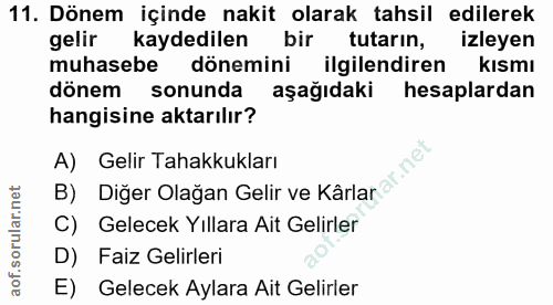 11. soru: Dönem içinde nakit olarak tahsil edilerek gelir kaydedilen bir tutarin, izleyen muhasebe dönemini ilgilendiren kısmı…