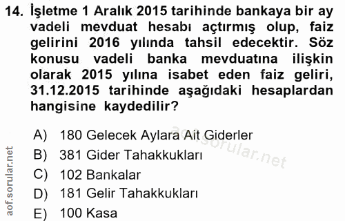14. soru: İşletme 1 Aralık 2015 tarihinde bankaya bir ay vadeli mevduat hesabı açtırmış olup, faiz gelirini 2016 yılında tahsil…