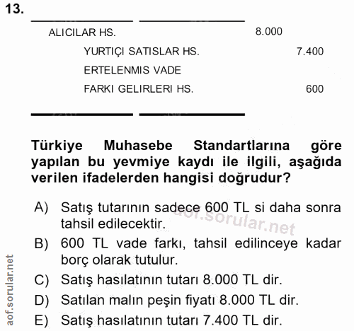13. soru: ALICILAR HS. 8.000 YURTIÇI SATISLAR HS. 7.400 ERTELENMIS VADE FARKI GELIRLERI HS. 600 Türkiye Muhasebe Standartlarına…