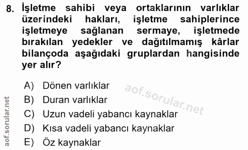 8. soru: İşletme sahibi veya ortaklarının varlıklar üzerindeki hakları, işletme sahiplerince işletmeye sağlanan sermaye, işlet…