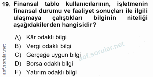 19. soru: Finansal tablo kullanıcılarının, işletmenin finansal durumu ve faaliyet sonuçları ile ilgili ulaşmaya çalıştıkları bi…